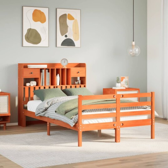 Seng med bokhylle uten madrass voksbrun 120x190 cm heltre furu 8721158607379