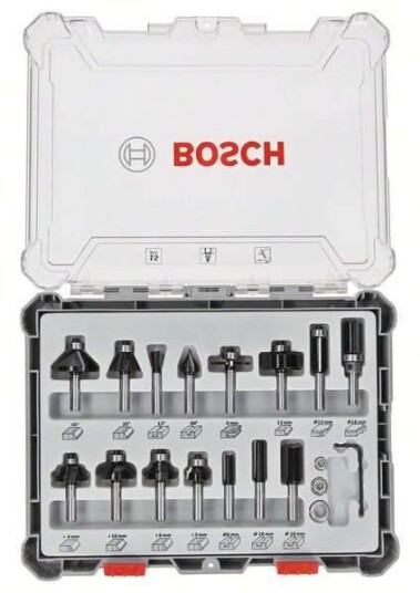 Bosch 15 Delt Fresejernsett for Tre med 6 Mm Skaft og Bæretaske