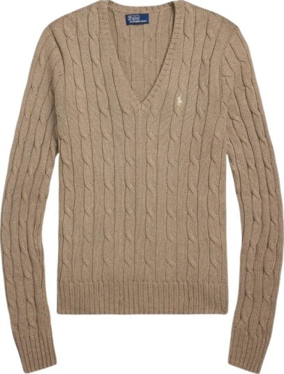 Polo Ralph Lauren Cable Knit Wool Cashmere V Neck Sweater Brown M
