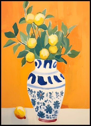 Citrus Bouquet Lemons in a Blue Floral Vase Plakat Plakat / 100x150cm