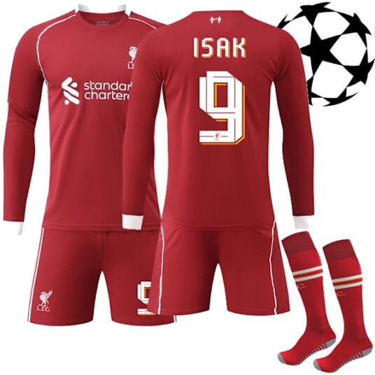 25-26 Liverpool UEFA Champions League Hjemmedrakt Langermet Fotballdrakt Nr. 9 Isak (drakt+shorts+sokker)