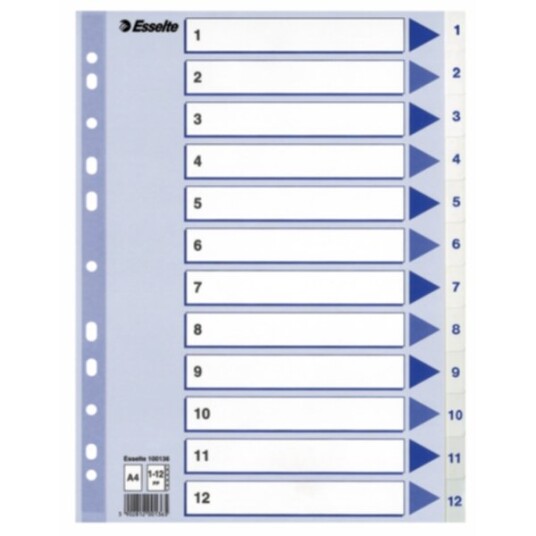 Register Esselte PP A4 1-12 Hvit Register Esselte PP A4 1-12 Hvit