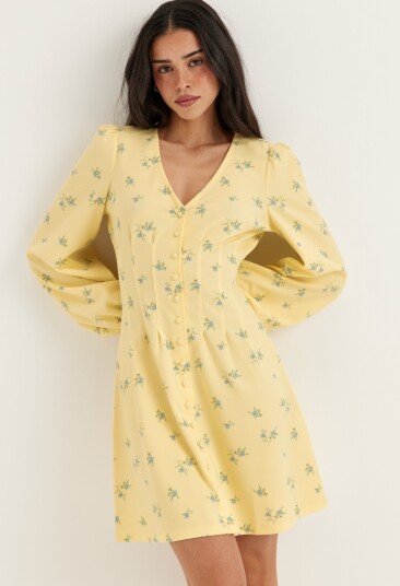 Bubbleroom Mini Button Volume Sleeve Dress