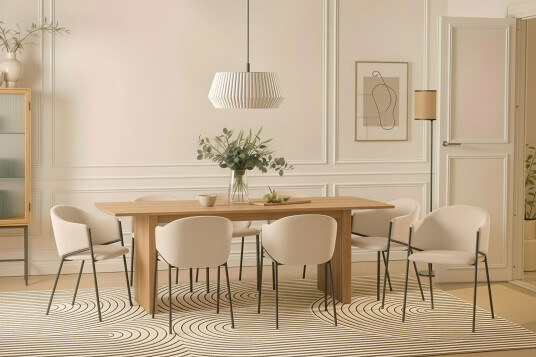 Bark Richeto Spisebord 240 cm med 8 Filip Spisestoler Naturlig finish / Hvit Bouclé