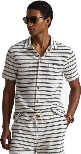 Polo Ralph Lauren Striped Cotton Blend Camp Shirt Cream S