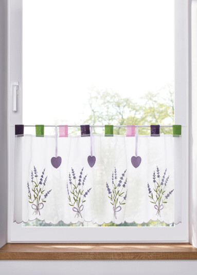 bonprix Gardinkappe med lavendel-broderi 6 (H/B: 60/145 cm),1 (H/B: 30/85 cm),2 (H/B: 30/115 cm),3 (H/B: 45/85 cm),4 (H/B: 45/115 cm),5 (H/B: 60/115 cm) hvit
