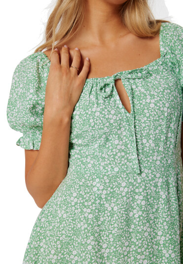 BUBBLEROOM Front Tie Short Dress Green/Patterned S