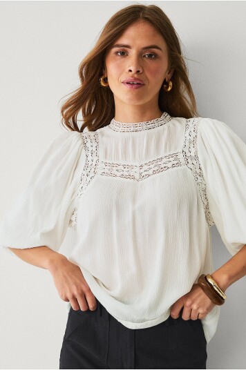 Ellos Collection Bluse med blondeinnsatser Hvit