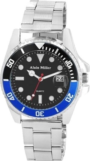 Alain Miller herreklokke i rustfritt stål / armbåndsur med dato – sølv/svart/blå Alain Miller herreklokke i rustfritt stål / armbåndsur med dato – sølv/svart/blå