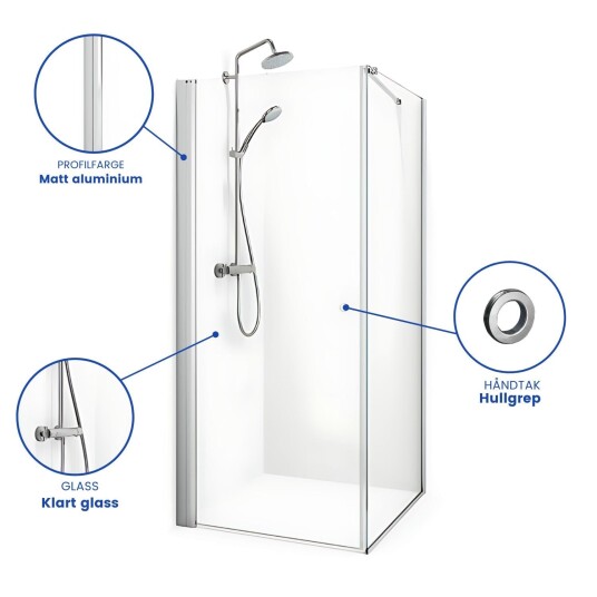 Macro Spirit Dusjhjørne Swing 90x70 cm, Alu Matt/Klart Glass