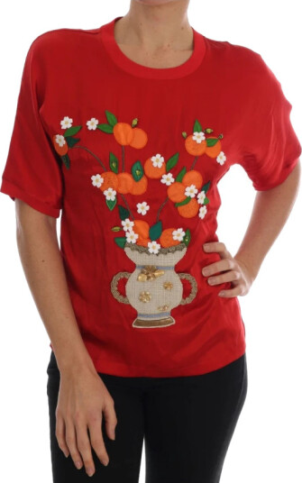 Dolce & Gabbana Red Silk Orange Vase Crystal Top Rød S