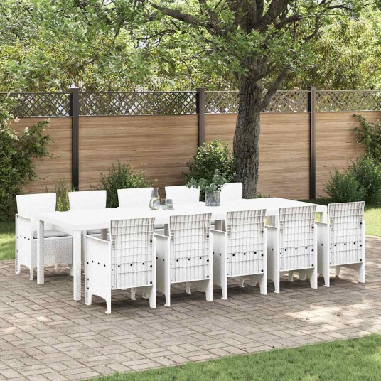  11 Deler Hage Spisegruppe med Puter Hvit Poly Rattan