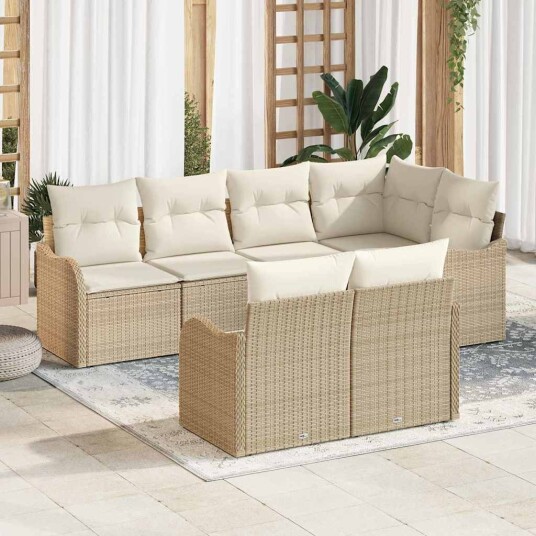 7-delt hagesofa med puter i beige poly-rattan