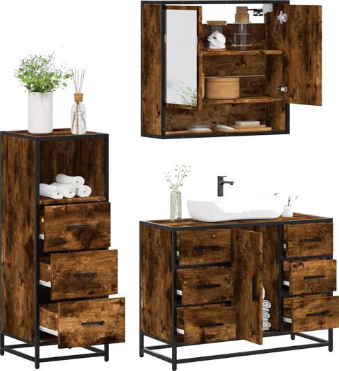 Vidaxl Baderomsskapsett 3 deler røkt eik konstruert tre 3301052 Vidaxl Baderomsskapsett 3 deler røkt eik konstruert tre 3301052
