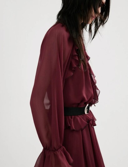 Mango Long Ruffled Dress Burgundy S Mango Long Ruffled Dress Burgundy S