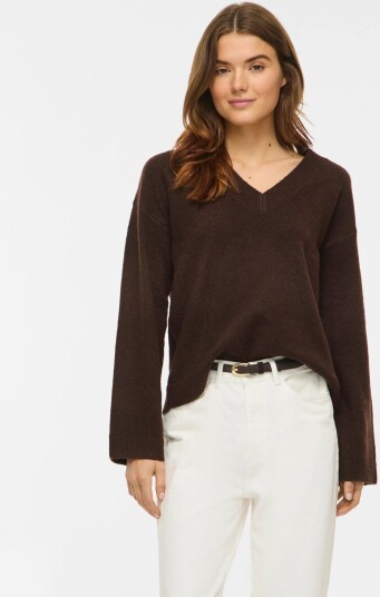 Vila Viliga L/S Rev V Neck Knit Top Noos Brown XS