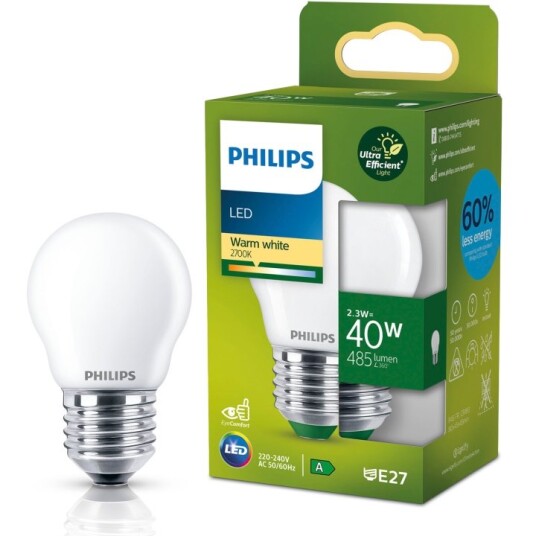 Philips LED E27 Globe P45 2,3W 40W Frostet 485lm 2700K Energiklasse A