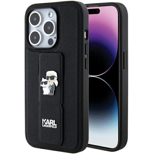Karl Lagerfeld Hardcase for iPhone 15 Pro Gripstand Saffiano Svart med Karl&Choupette Pins