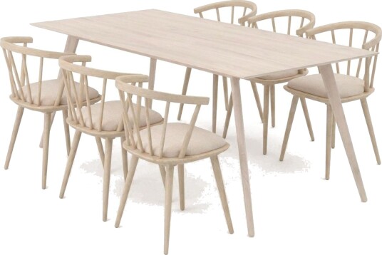 Tyrö spisegruppe 190 cm Whitewash med 6 stk. Tyrö karmstoler med pute Whitewash Tyrö spisegruppe 190 cm Whitewash med 6 stk. Tyrö karmstoler med pute Whitewash