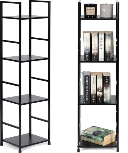 Moderne sort trehylle med metallramme 4 nivåer