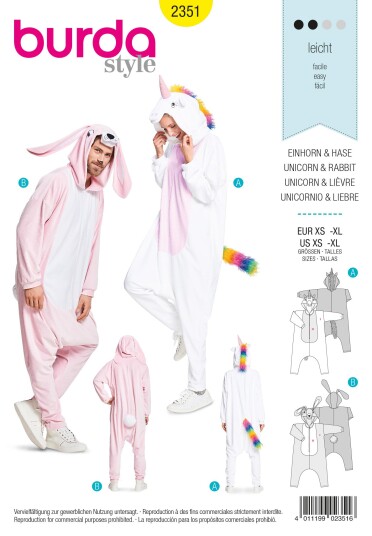 Burda 2351 - Enhjørning og kanin EUR: XS-XL, US: XS-XL
