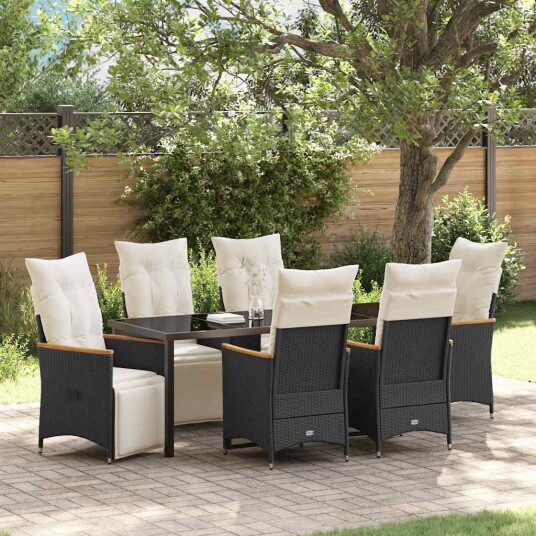 7-delers Hage Spisesett med Puter Svart Poly Rattan
