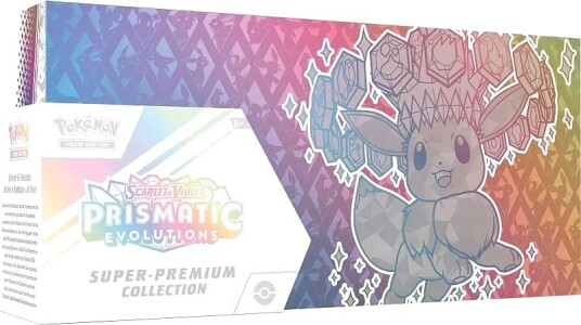 Pokemon Prismatic Evolutions Super-Premium Collection med 15 Boosterpakker og Eevee Ex Pokemon Prismatic Evolutions Super-Premium Collection med 15 Boosterpakker og Eevee Ex