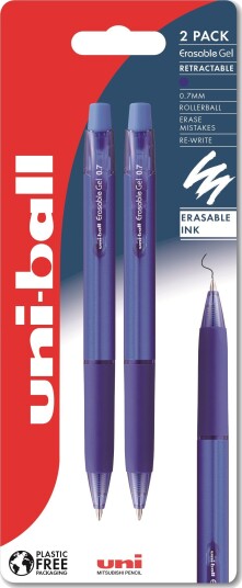 Uni-Ball Erase Urn-181 2Stk Viskbare Kuglepenne Blå Skrivefarve ( Eraseable Ink) Blækket Forsvinder Ved Friktionsvarme - (Kryds & Tværs Kuglepen)