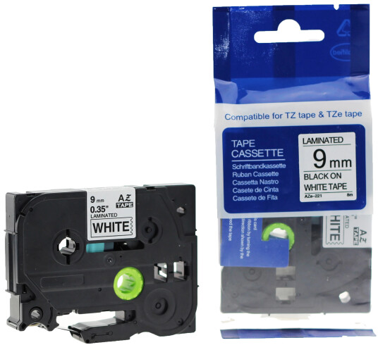 TB TZE-221 P-Touch Tape Sort på Hvit 9mm (8m) erstatter Brother TZE-221