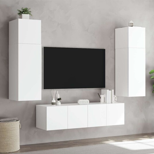 vidaXL Vegghengt TV-benk med LED hvit 80x35x31 cm 8721012258655 vidaXL Vegghengt TV-benk med LED hvit 80x35x31 cm 8721012258655