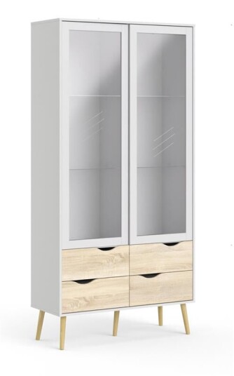 Napoli vitrine med 2 dører og 4 skuffer hvit/eik dekor/massiv eik.