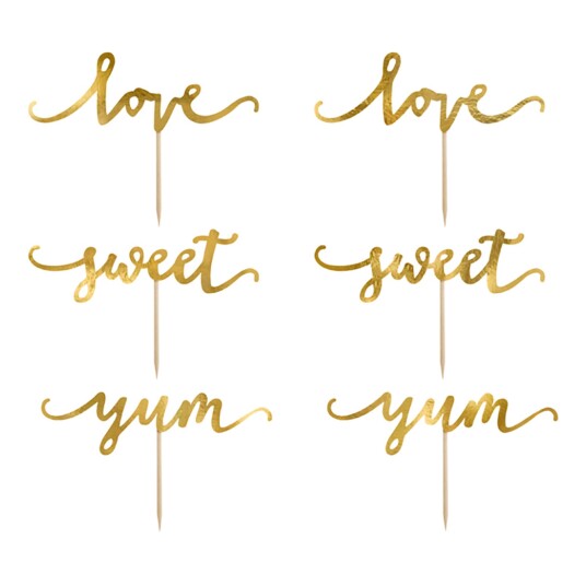 PartyDeco Cupcake Toppers Sweet, Love, Yum - 6-pakning