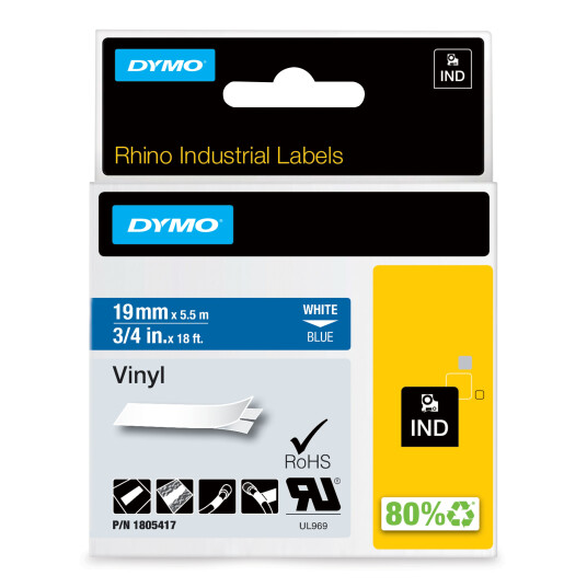 Dymo Rhino vinyletikett 19???mm x 5,5???m ??? Hvit tekst p?? bl?? vinyl Dymo Rhino vinyletikett 19???mm x 5,5???m ??? Hvit tekst p?? bl?? vinyl
