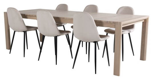Venture Design Sleek Spisebord m. uttrekk med 6 Polar Stoler, Beige Velour Unoliving