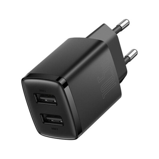 Baseus Compact 2x USB Vegglader 10,5W - Svart Mobillader