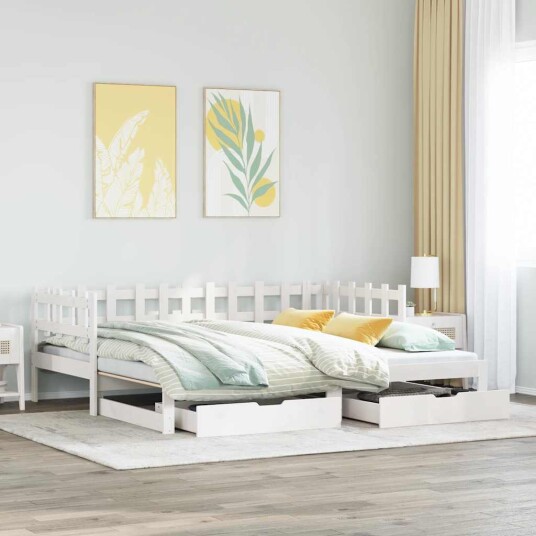  Uttrekkbar dagseng med skuffer hvit 90x190 cm heltre furu