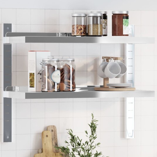 Vegghylle 2 etasjer 75x23,5x60 cm sølv rustfritt stål Vegghylle 2 etasjer 75x23,5x60 cm sølv rustfritt stål