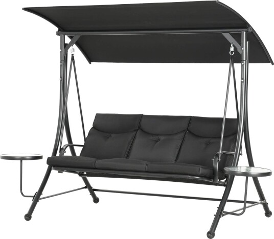 Hollywood huske med salongbord 3 seters hagehuske med justerbar solseil huskebenkbelastning opptil 300 kg for hage terrasse,