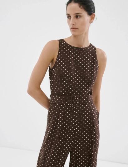 Mango Linen Jumpsuit With Polka Dot Belt Brown S Mango Linen Jumpsuit With Polka Dot Belt Brown S