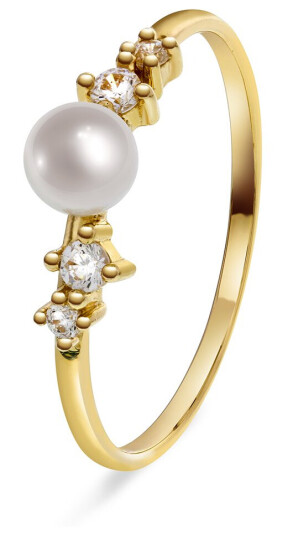 Pan Jewelry, Ring i 585 gult gull med ferskvannsperle og zirkonia, størrelse 52