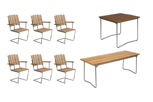 Grythyttan Stålmöbler B31 spisegruppe Teak/galvanisert stål 6 lenestoler, benk 110 cm, bord 84 x 92 cm & bord 170 x 92 cm
