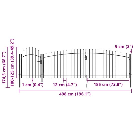 Gjerdeport med spydtopp 5x1,75 m svart