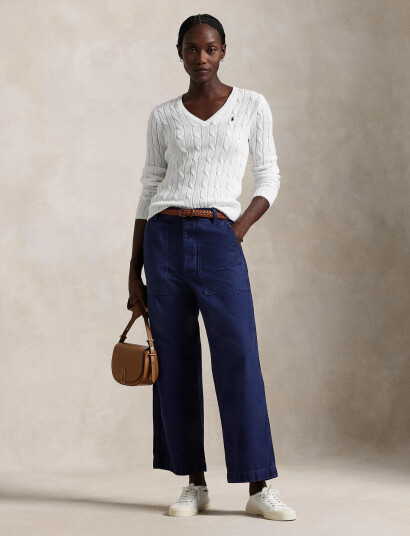 Polo Ralph Lauren Cable-Knit Cotton V-Neck Sweater - White - XS