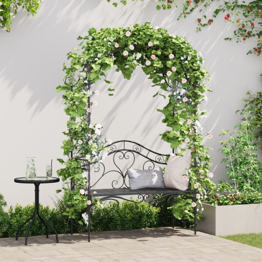 Hagebenk med buede blomsterdesign svart 121 cm laget av stål. Hagebenk med buede blomsterdesign svart 121 cm laget av stål.