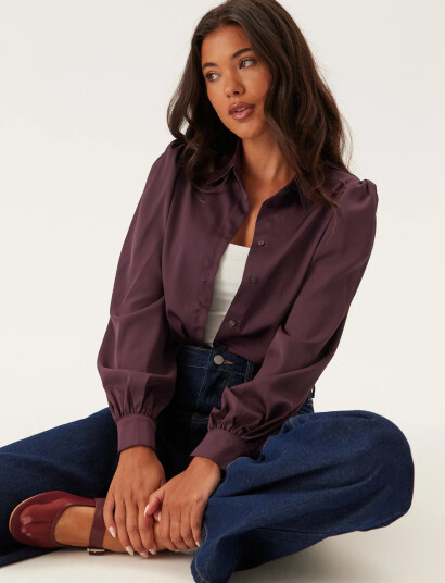 Bubbleroom Puff Sleeve Satin Shirt   Burgundy   42