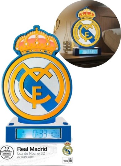 Real Madrid 3d Led-Nattlampe Med Vekkerklokke