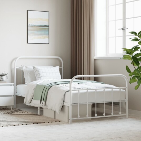 vidaXL Sengeramme i metall med hode- og fotgavl hvit 107x203 cm 8720845881849