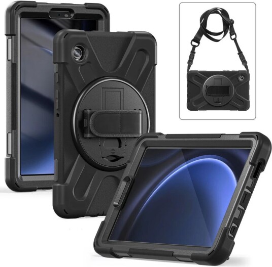 EIDERWOOD Samsung Galaxy Tab A9 Håndverkerdeksel med Håndholder Stativ Pencil Holder og Skulderstropp - Svart