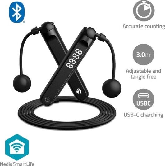 Nedis SmartLife Utendørs Sport | Hoppetau | Bluetooth® | Dual Hall sensor | LED Vise | PVC | 3.00 m | Snøreveske / Trådløse baller | Sort