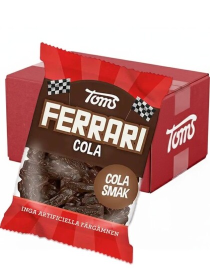 30 stk Toms Ferrari Cola   Bilformede Vingummibiter med Colasmak   Hel Eske 3,6 kg